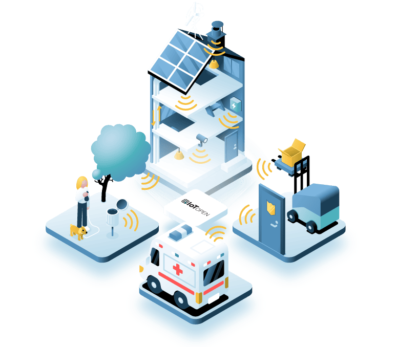 Illustration of connected buildings, vehicles and sensors